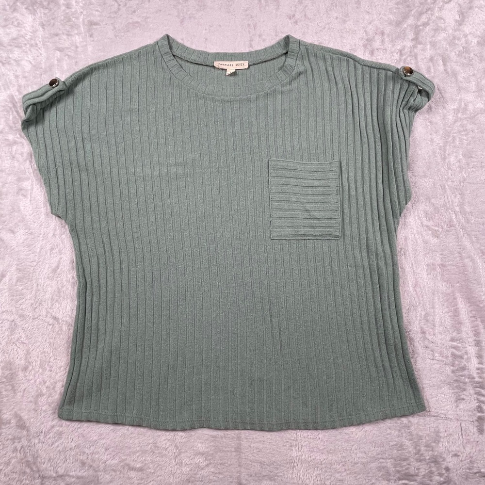 Parallel‎ Skies Women's Sage Green Ribbed Knit Top Roll Tab Sleeve Pocket
